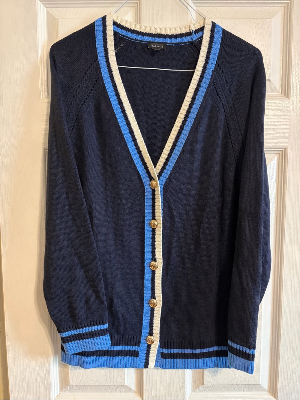 Talbots XL Navy Blue V-Neck Cardigan Gold Buttons Striped Preppy Wool Blend